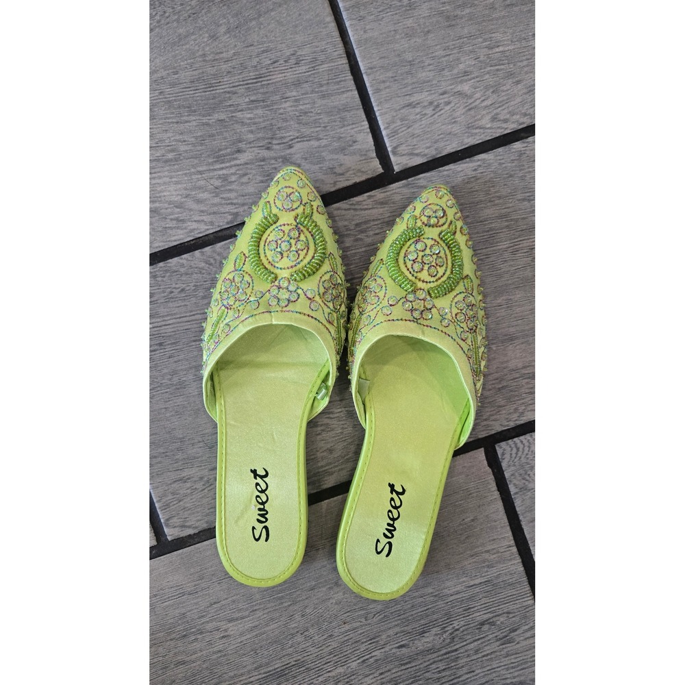 Sweet Lime Green Beaded Sequin Satin Pointed Toe Mules Flats Size 6